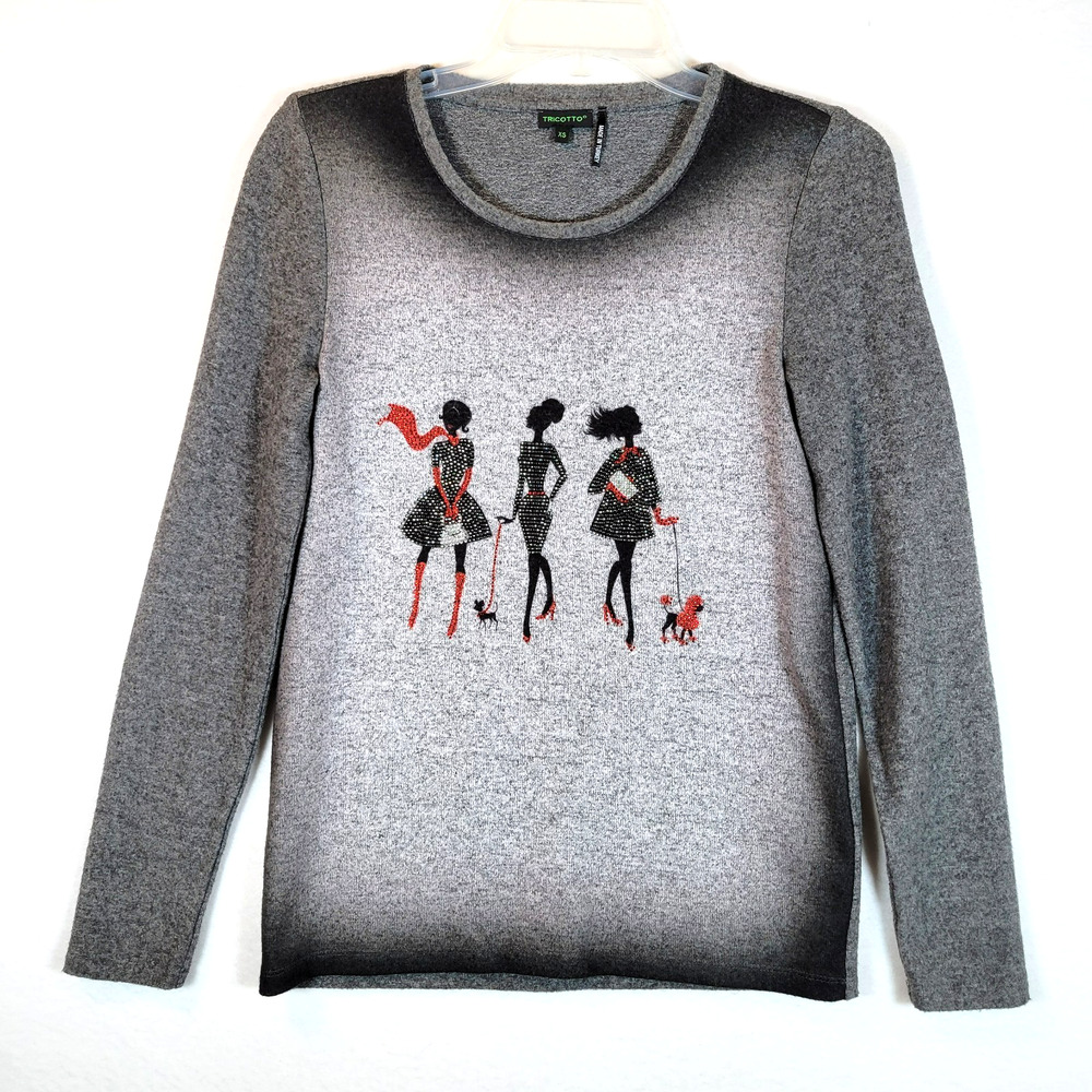 Tricotto Womens Jeweled Rhinestone Dog Sweater Top Size XS Gray Wearable Art